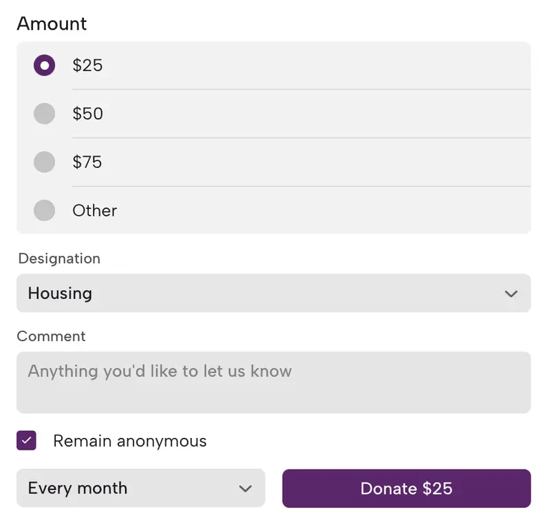 Screenshot of a donation form with options for donation amounts, designation, and recurring frequency.