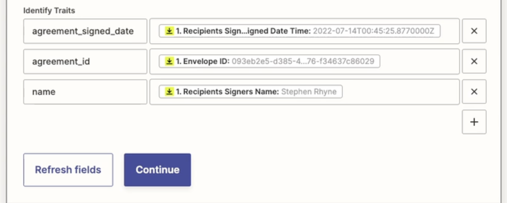 The agreement ID, signing date, and recipient name in Zapier under 