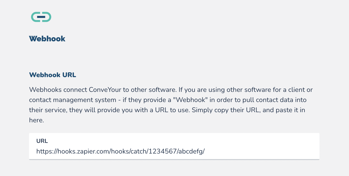 The Webhook menu screen in ConveYour, with the hook provided by Zapier in the URL field.