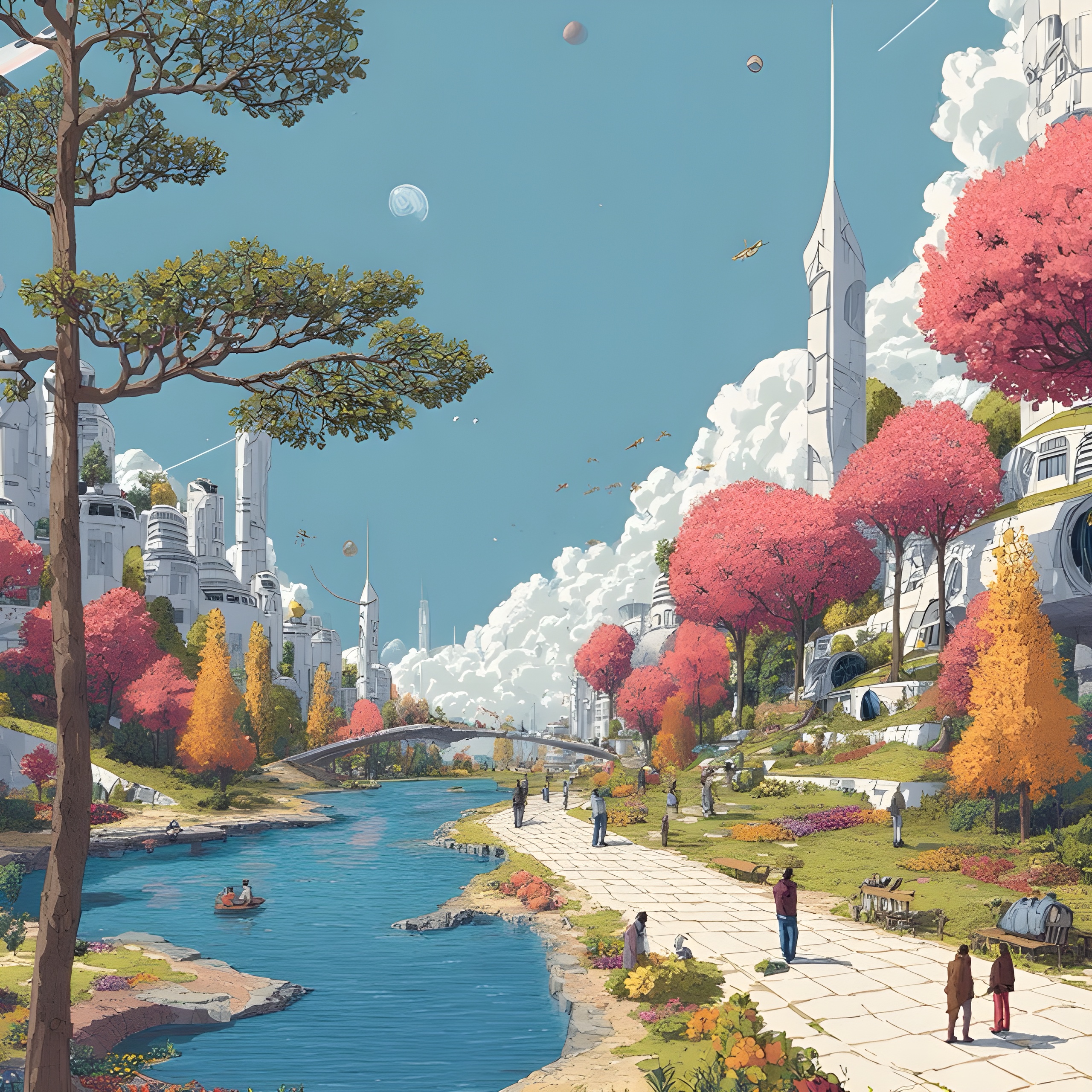 Futuristic cityscape with tall spires, colorful trees, a river, and people walking along a path under a clear blue sky with planets visible.
