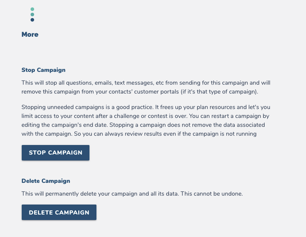 More in Campaigns - Stop and Delete