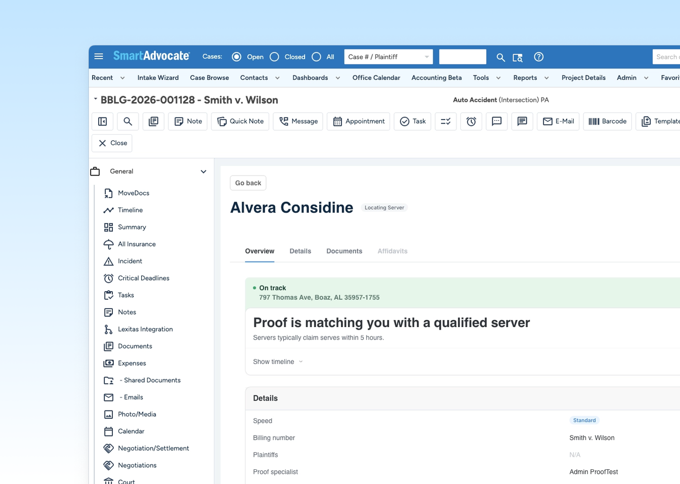 SmartAdvocate user dashboard with integration with Proof.