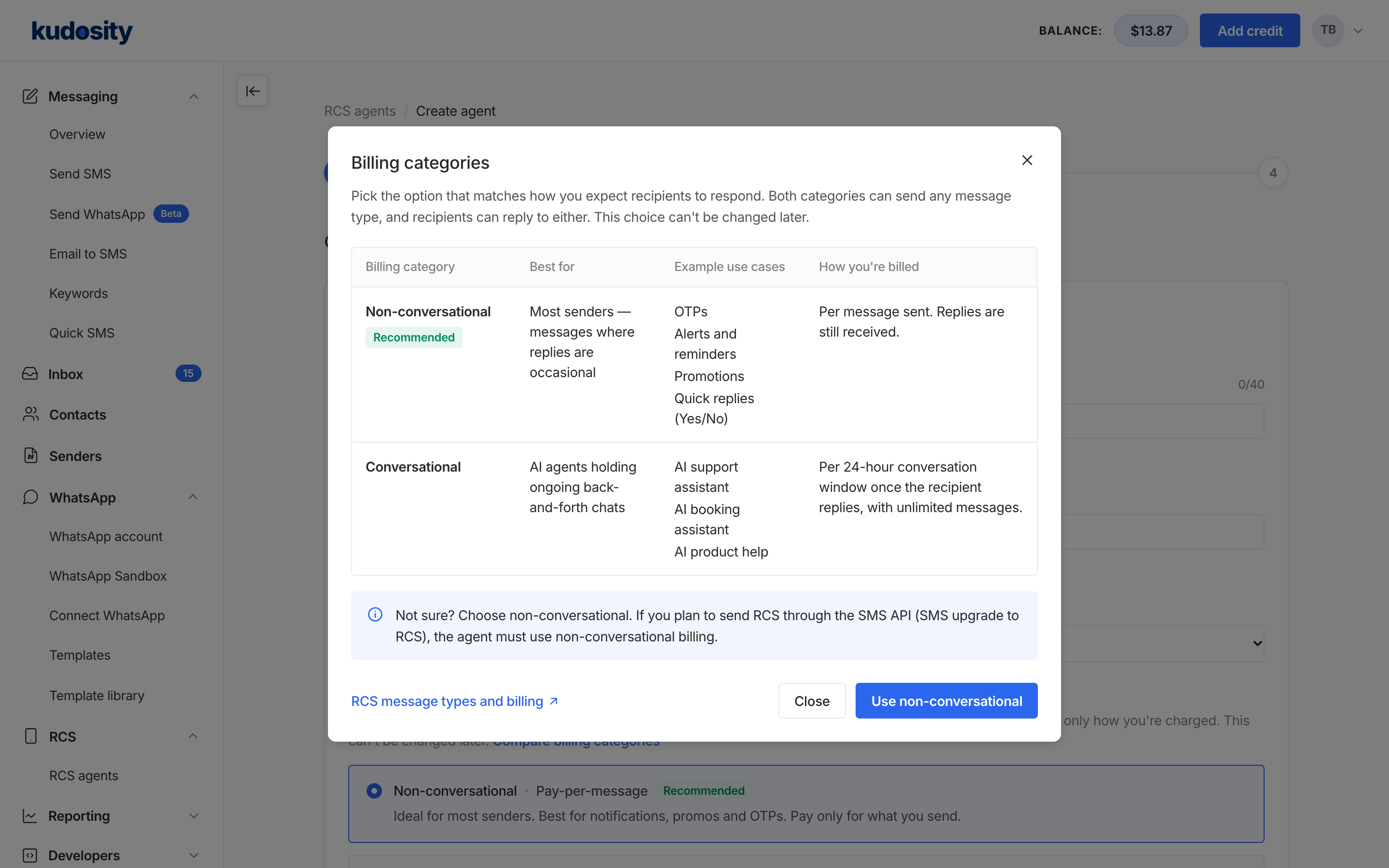 The Billing categories dialog. A table compares Non-conversational and Conversational by what each is best for, example use cases and how you are billed. A note reads: Not sure? Choose non-conversational. If you plan to send RCS through the SMS API, the agent must use non-conversational billing.