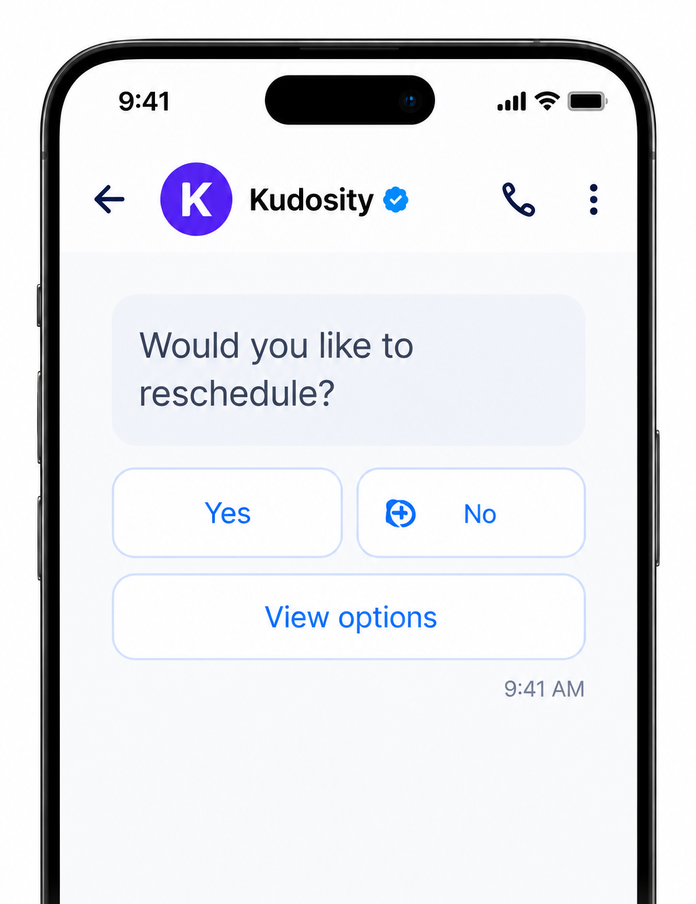 Illustrative RCS message asking about rescheduling, with suggested reply buttons.