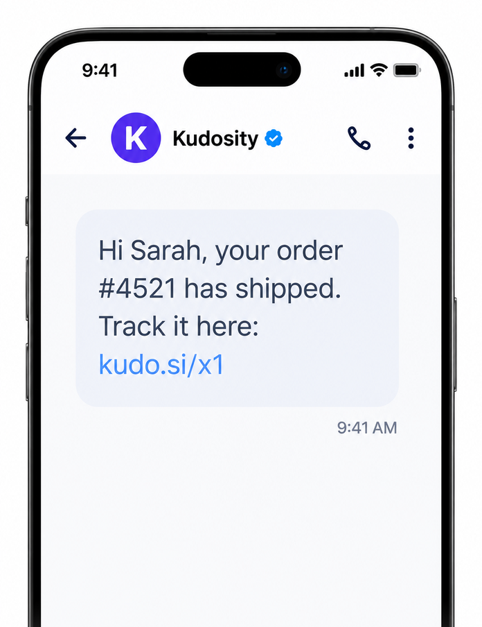 Illustrative RCS text message showing an order update from Kudosity.
