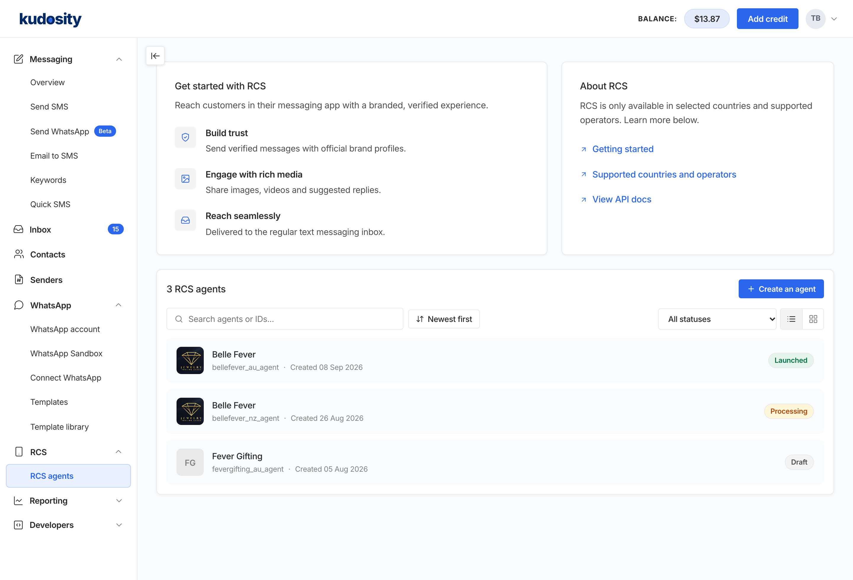 The RCS Agents page in Kudosity. Cards titled Get started with RCS and About RCS sit above a list of agents with a Create an agent button, a search box, a sort control and a status filter.