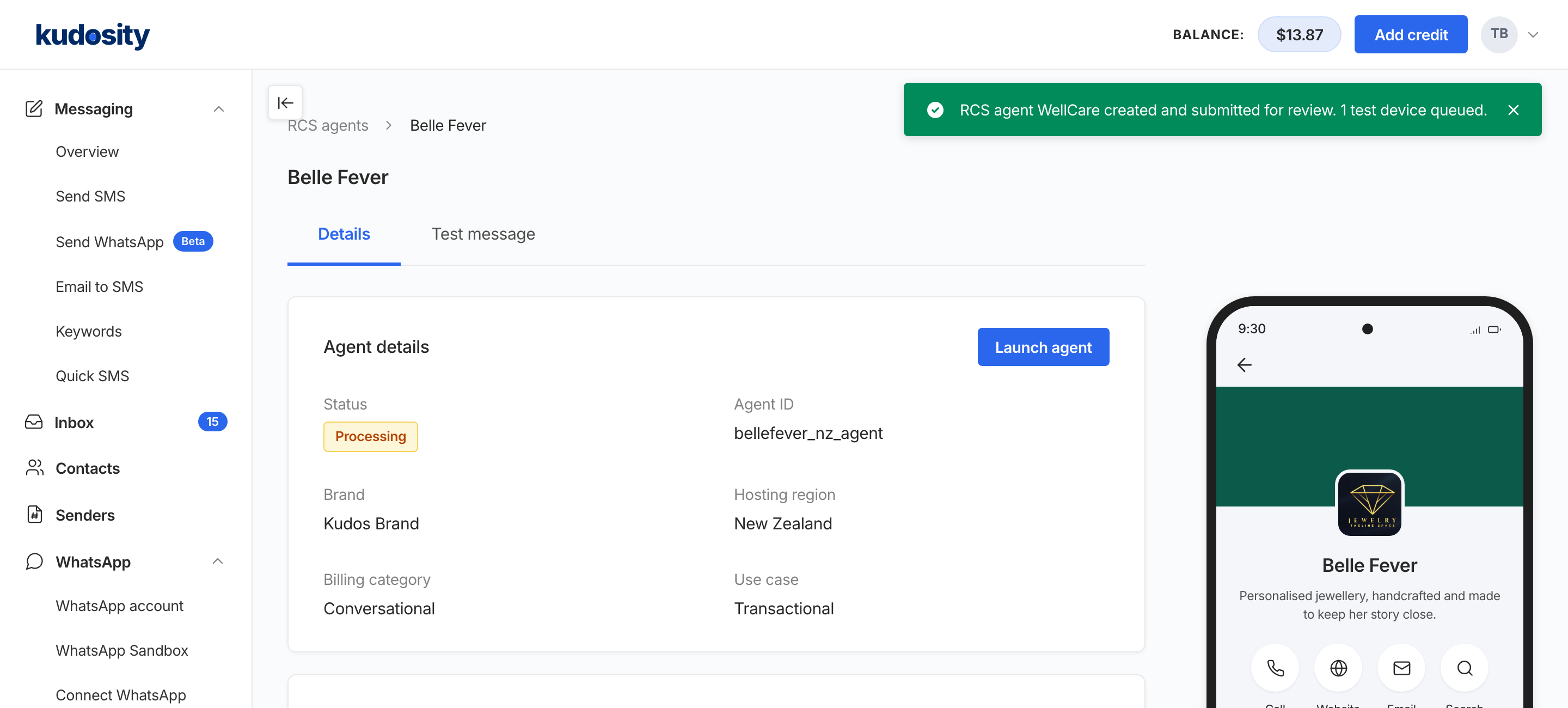 The agent page in Kudosity. The Agent details card shows the status, agent ID, brand, hosting region, billing category and use case, with a Launch agent button in its top-right corner. A phone preview on the right shows the agent's profile.