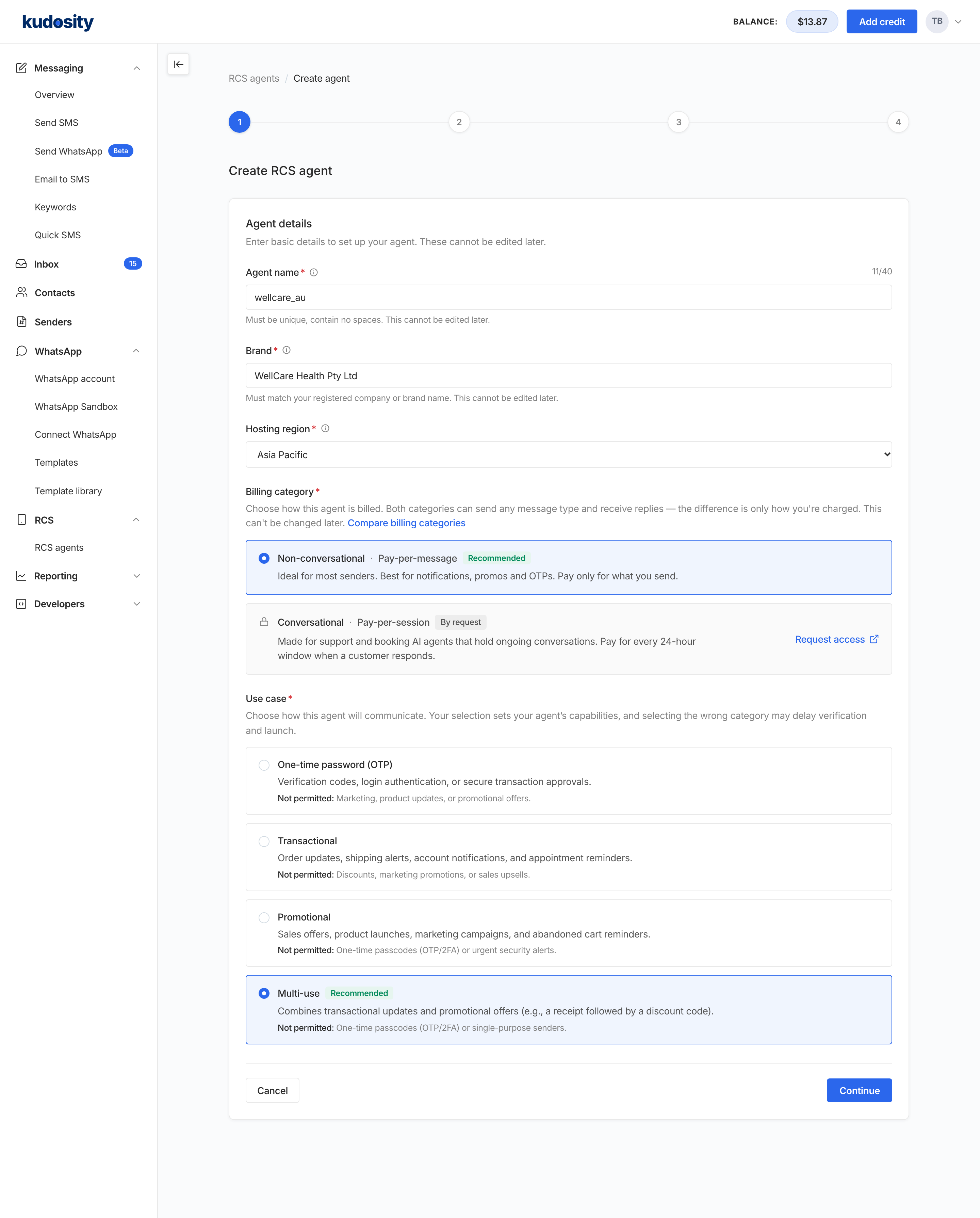 Step 1 of the Create RCS agent wizard, Agent details. Fields for the brand name and hosting region sit above the billing category choice, with Non-conversational selected and Conversational marked By request, and the use case choice with Multi-use selected.