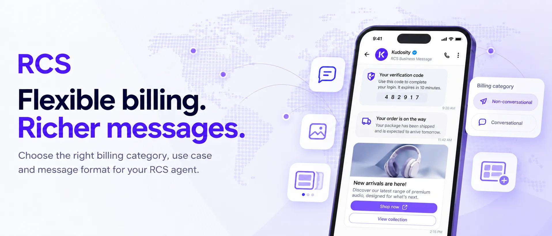 RCS: Flexible billing. Richer messages. A phone showing Kudosity RCS messages beside a billing category picker with Non-conversational and Conversational options.