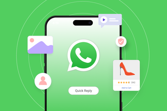 Article Image Smartphone screen displaying WhatsApp logo with icons for photos, audio, profile, and shopping cart on a green background.