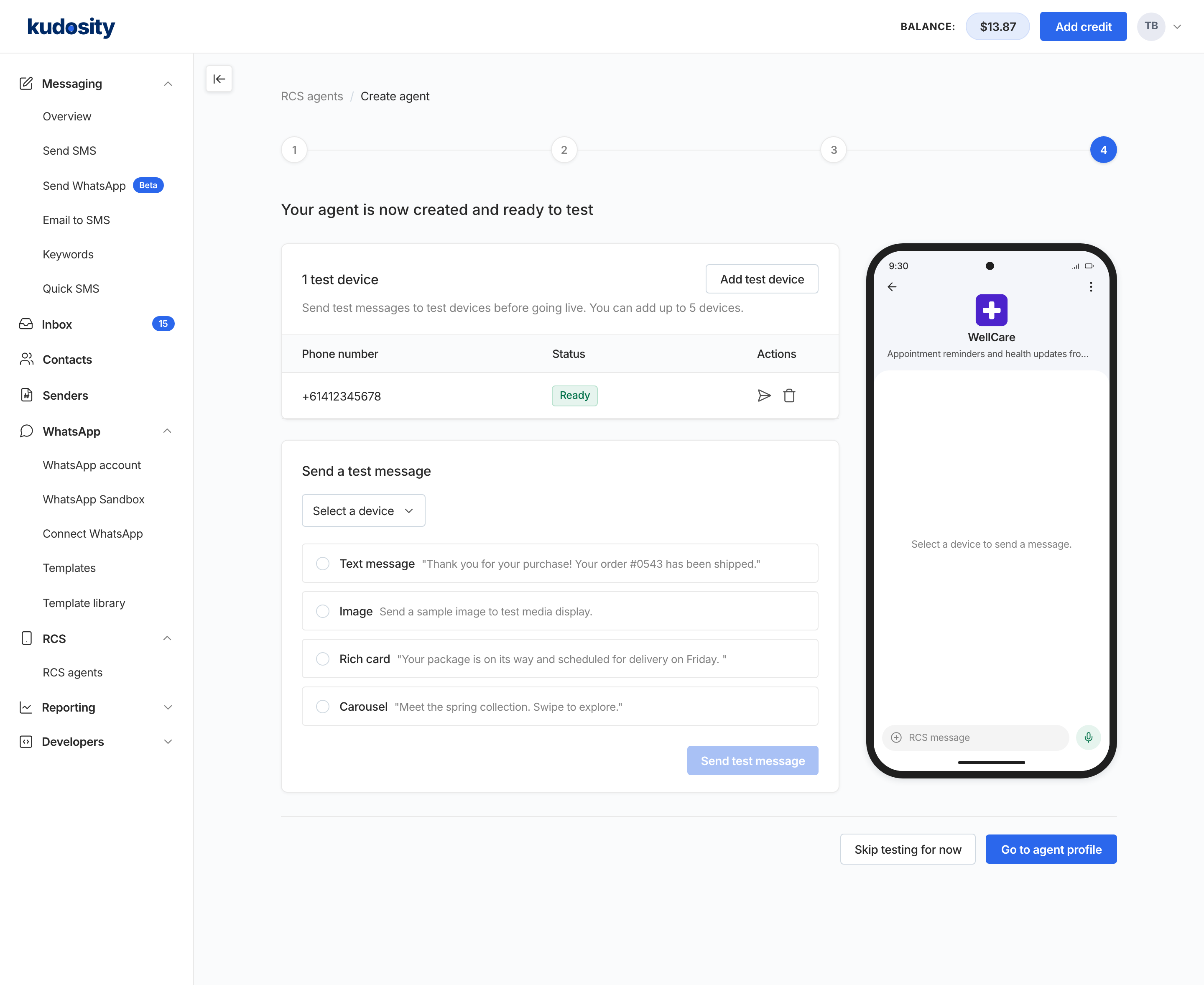Step 4 of the Create RCS agent wizard. The heading reads: Your agent is now created and ready to test. A test device table lists one phone number, and a Send a test message card offers a device selector and the samples Text message, Image, Rich card and Carousel, with a phone preview on the right.