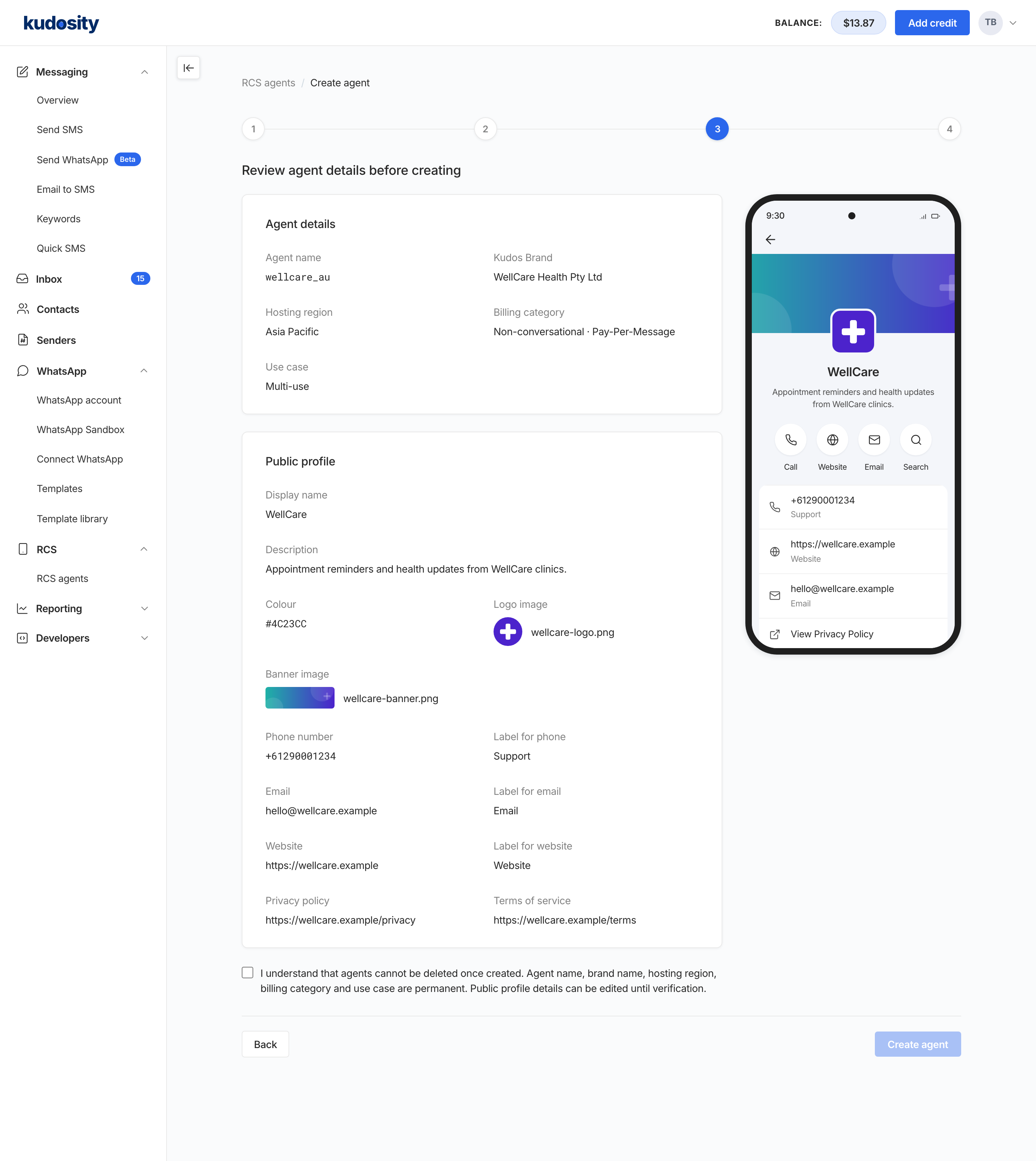 Step 3 of the Create RCS agent wizard, Review agent details before creating. An Agent details card summarises the brand, hosting region, billing category and use case, and a Public profile card lists every profile field, with the phone preview on the right and a Create agent button.