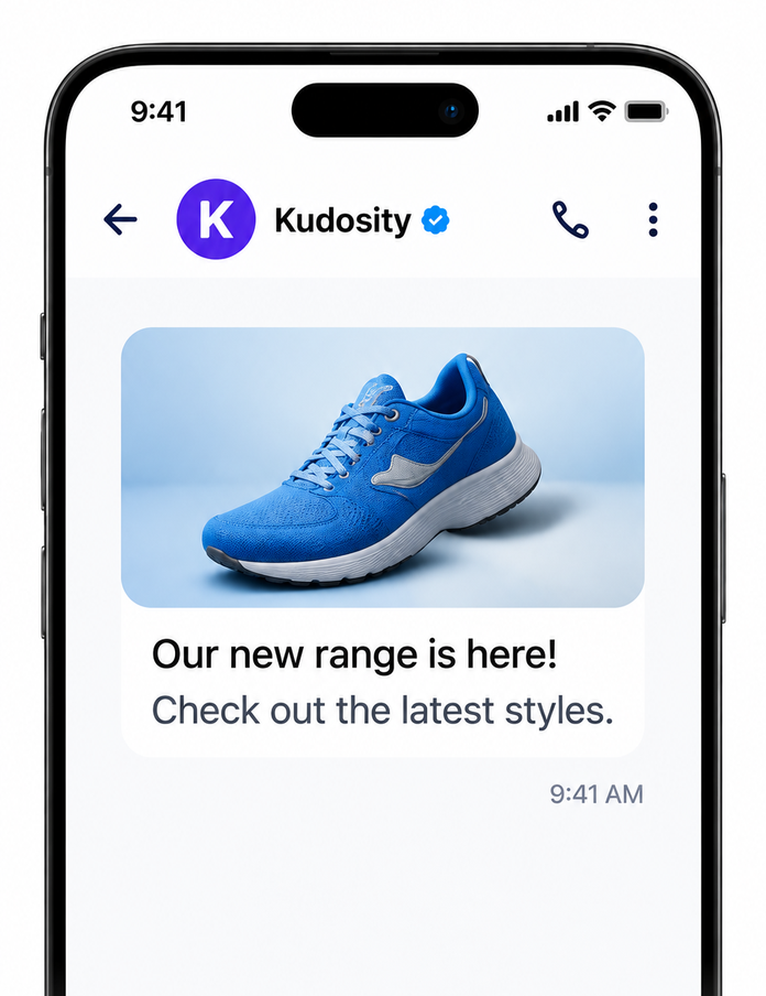 Illustrative RCS image message showing a blue trainer and a short caption.
