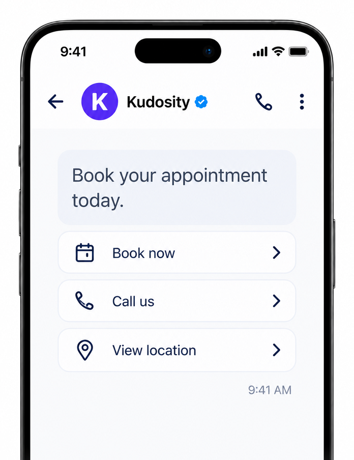 Illustrative RCS message with buttons to book, call and view a location.