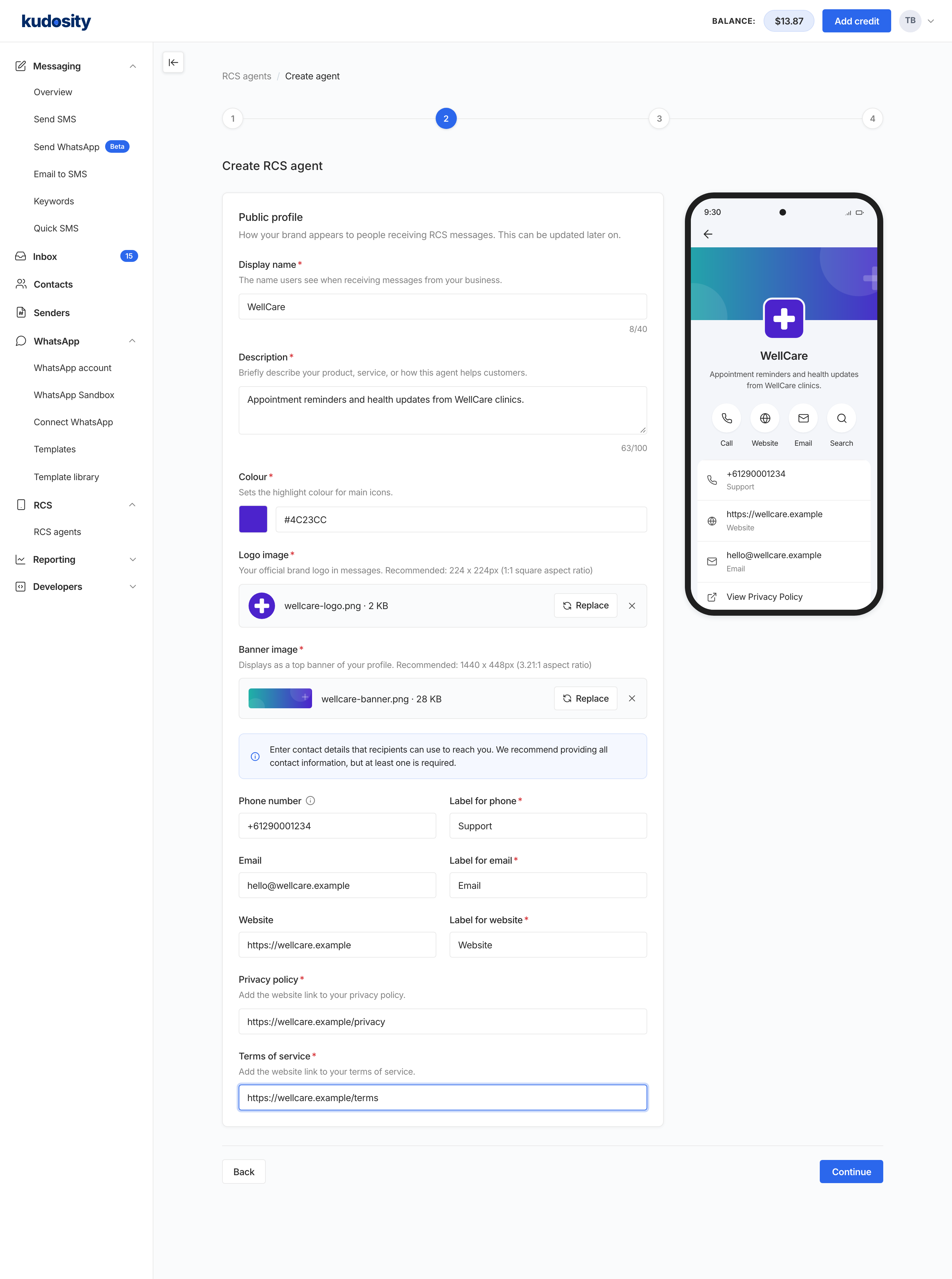 Step 2 of the Create RCS agent wizard, Public profile. The form lists display name, description, colour, logo image, banner image, phone number and label, email and label, website and label, privacy policy and terms of service. A phone preview on the right shows the WellCare profile with Call, Website, Email and Search buttons.
