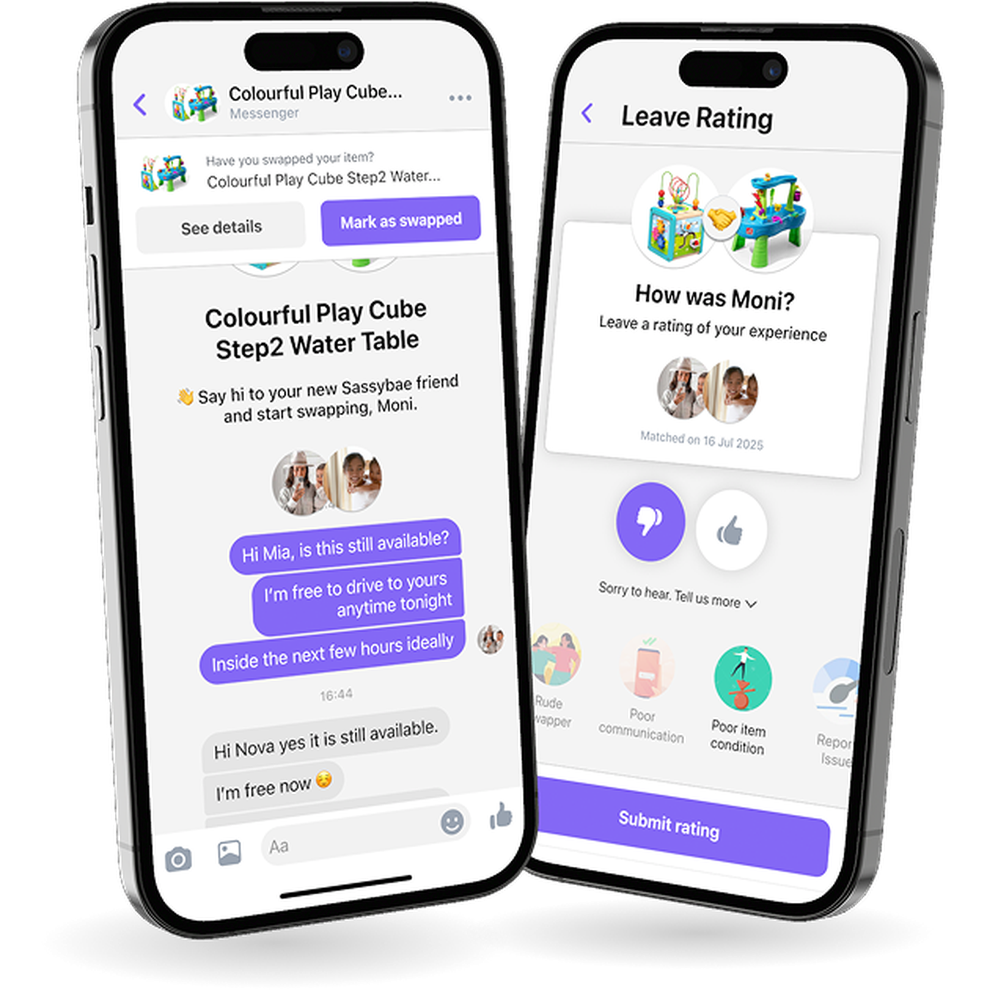 Two iPhones displaying the Sassybae app. One shows a friendly in-app chat between two parents coordinating a toy swap, with options to mark the item as swapped. The other screen shows a rating interface where users can review their swapping experience with a thumbs up or down and select reasons for negative feedback if needed.