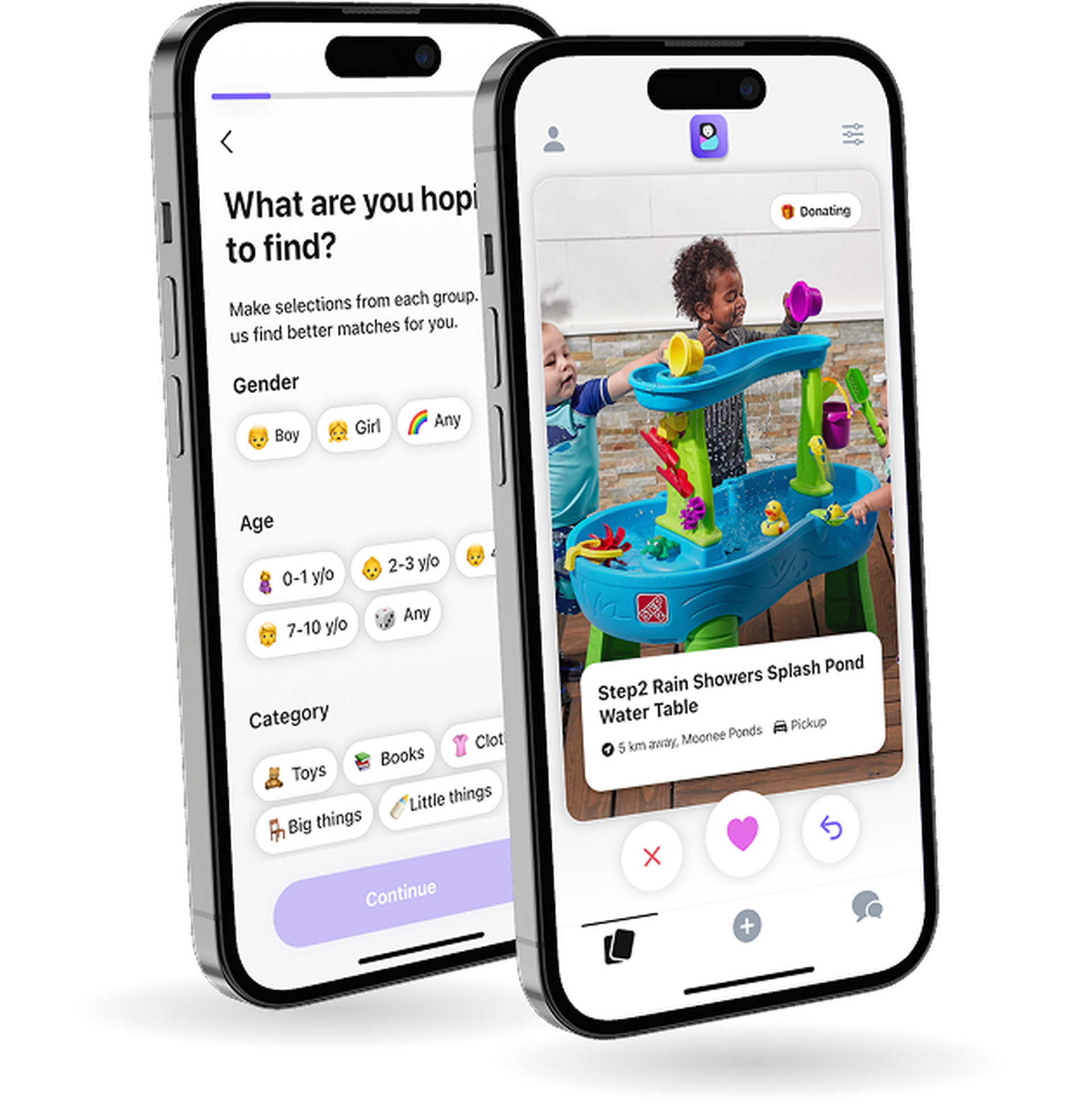 Two iPhones displaying the Sassybae app. One screen shows a search filter with gender, age, and category options for kids’ items, and the other shows a listing for a splash pond water table with swipe actions for liking or skipping. A playful, parent-friendly interface for finding and swapping kids’ gear.