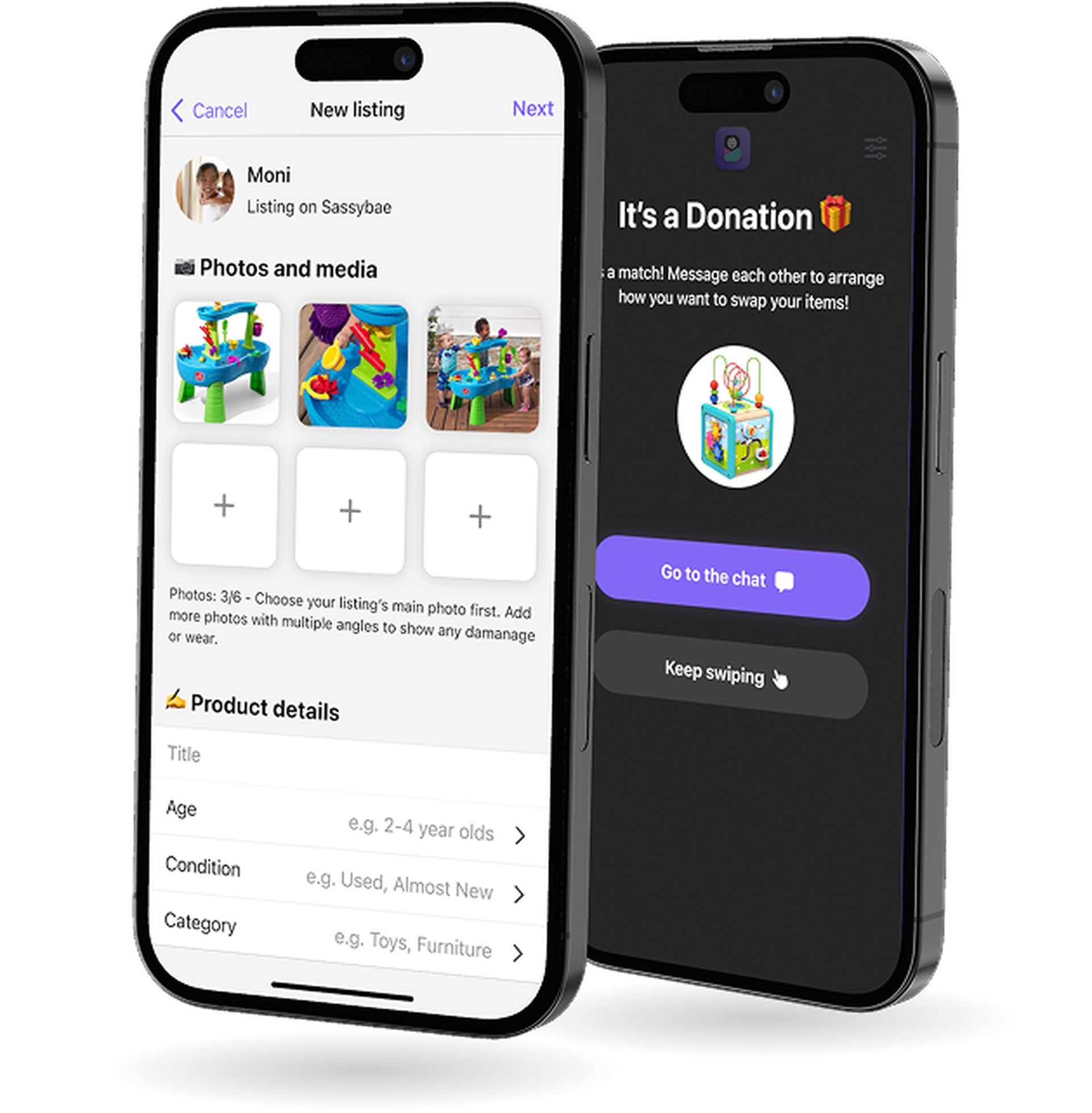 Two iPhones displaying the Sassybae app. One screen shows the item listing process with photos, age range, and condition fields, while the other shows a successful donation match screen with the option to start chatting or continue browsing. The interface highlights how parents can easily add items and connect through donations.
