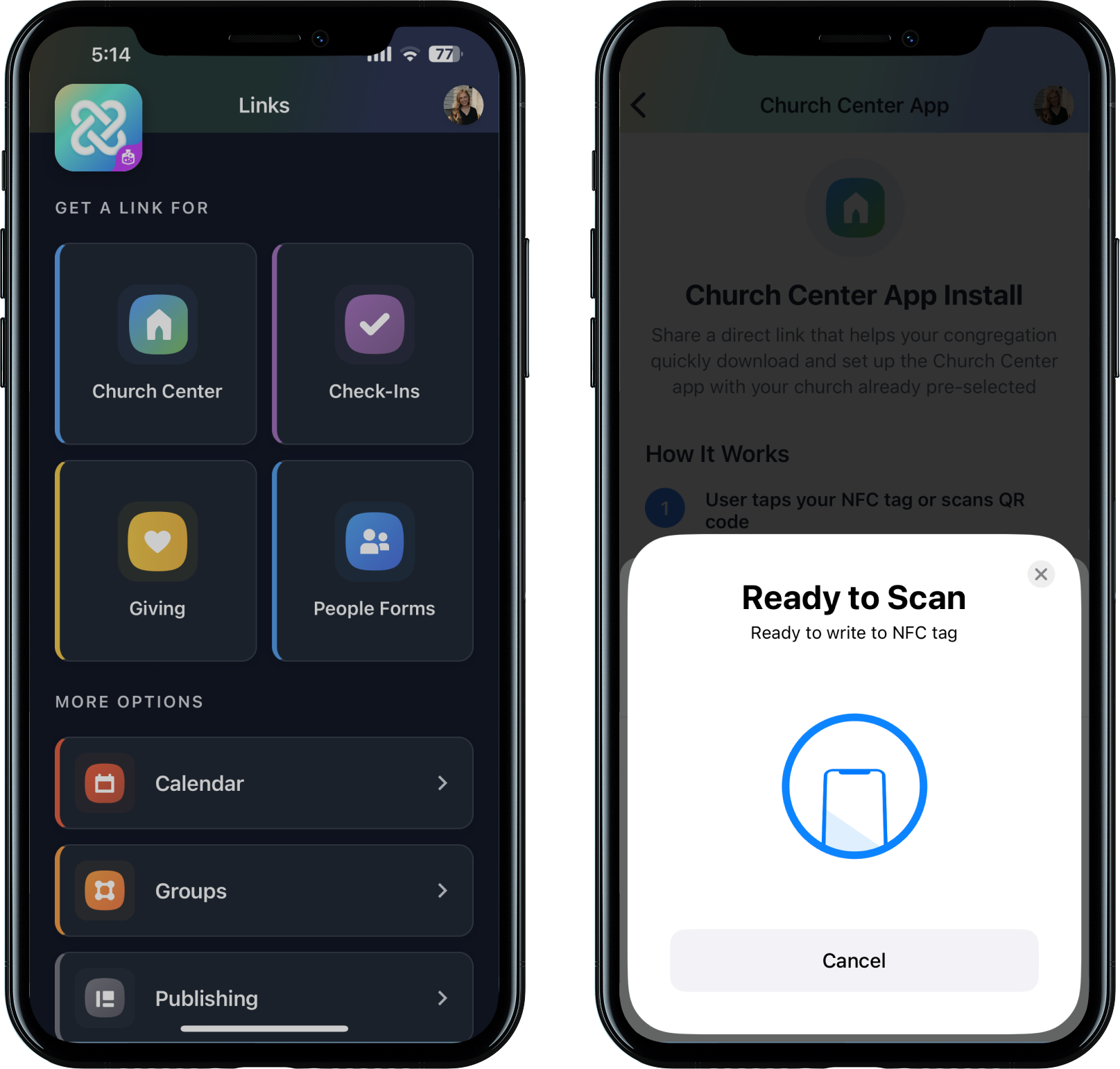 Dark mode and light mode of the Links homepage and the Ready to Scan modal.