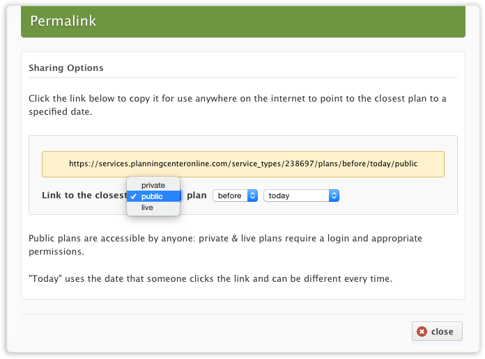 A link sharing option modal with a drop-down menu to make the link public, private, or live.