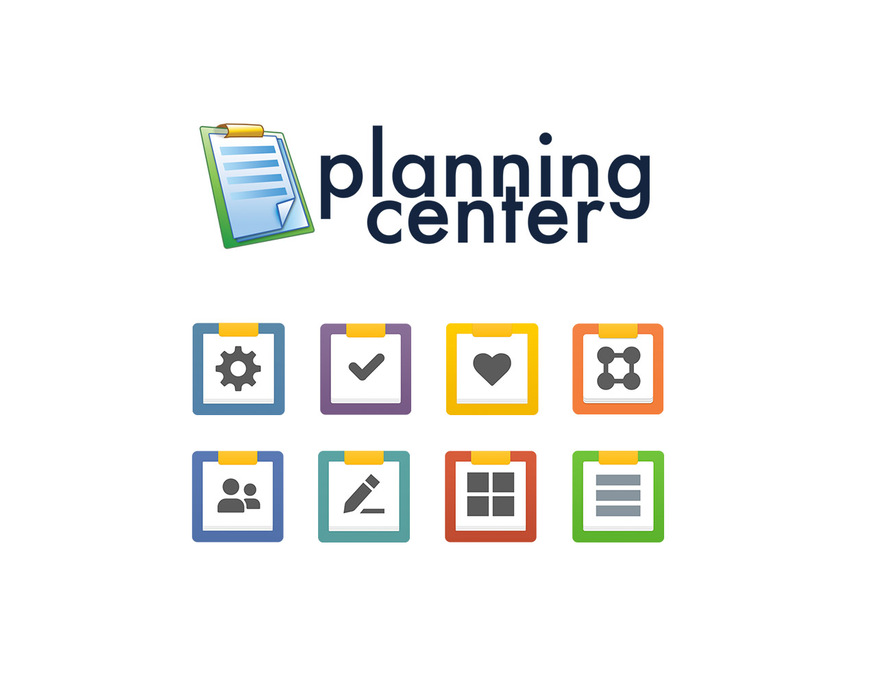 Eight different icons each on a white paper against a clip board under Planning Center text.