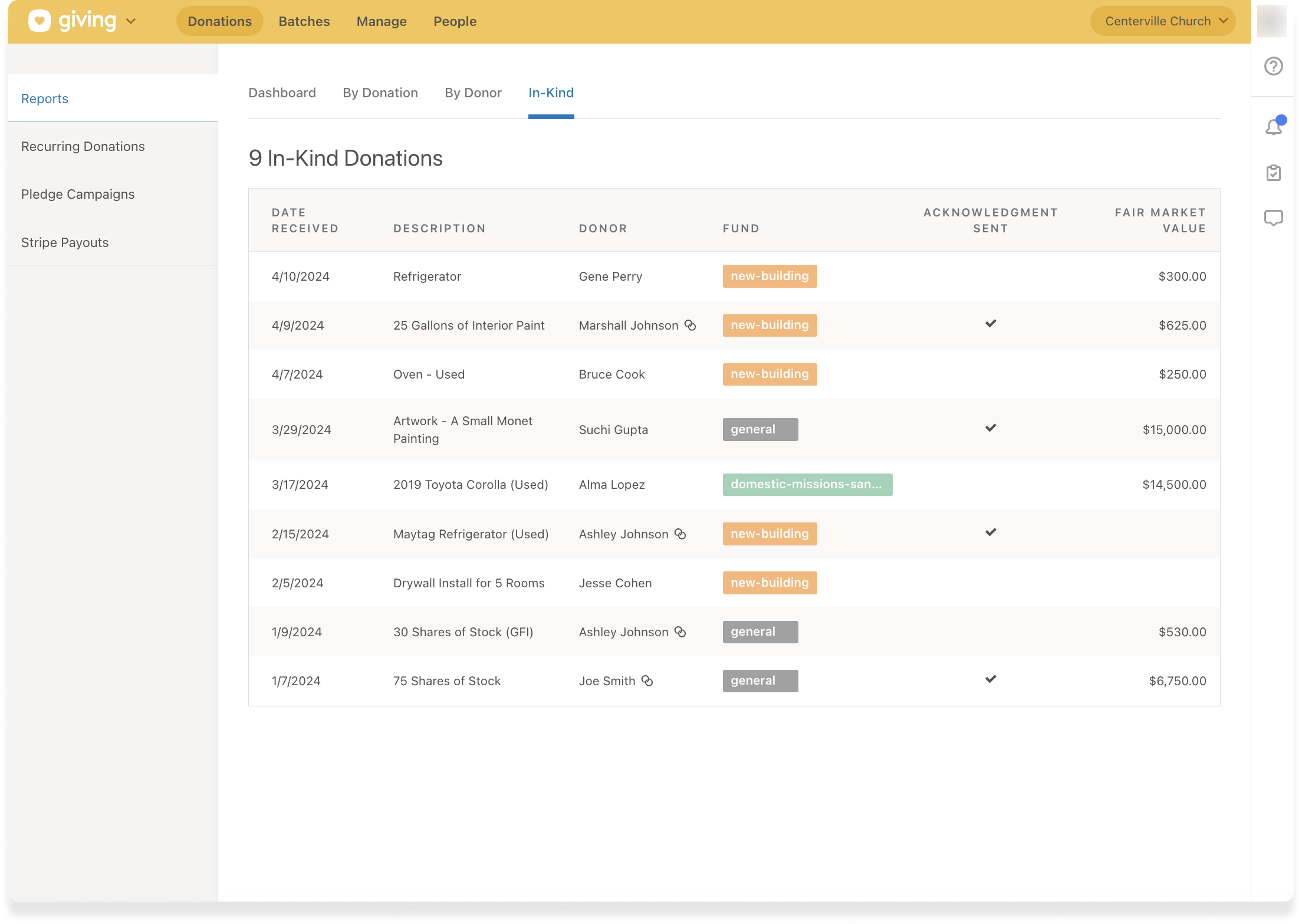 The Reports tab in Planning Center Giving with a list of in-kind donations sorted by date.