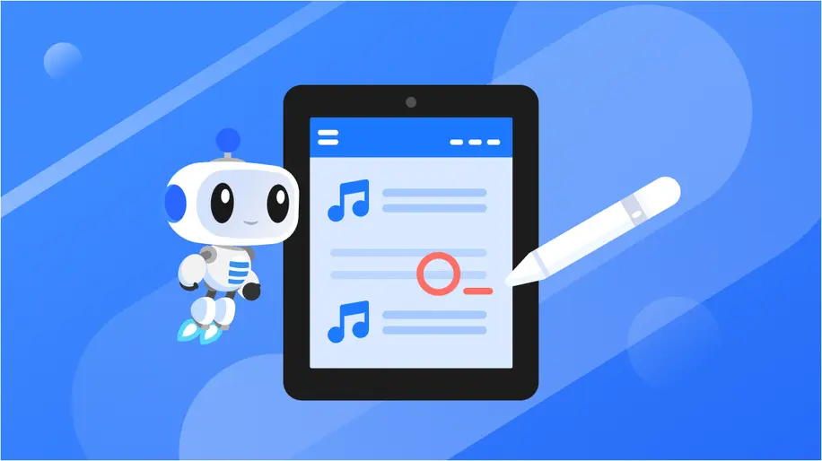 An illustrated iPad with white pencil next to it annotating music on the screen. 