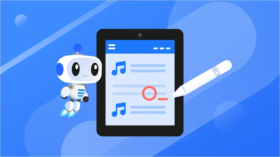 An illustrated iPad with white pencil next to it annotating music on the screen. 