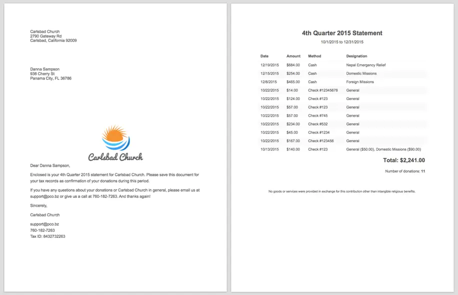 A year-end donation statement with a letter of thanks and quarterly breakdown of donations.