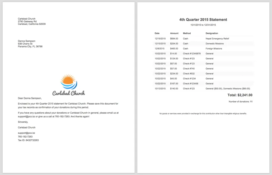 A year-end donation statement with a letter of thanks and quarterly breakdown of donations.