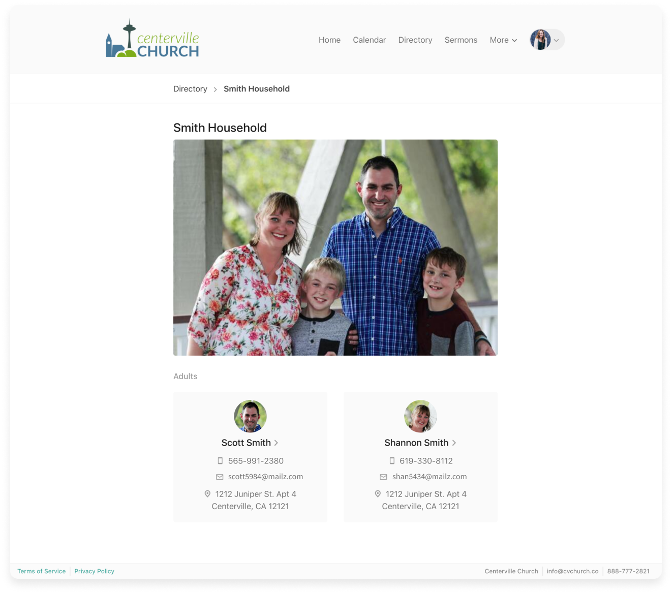 null A family household page on the church directory with a photo of a whole family and individual profiles beneath.