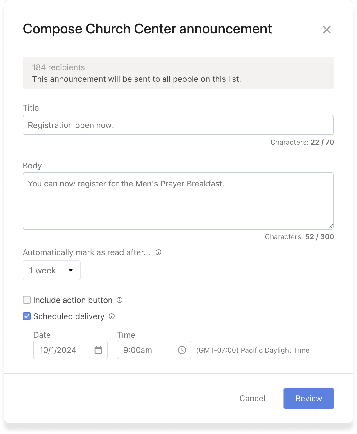 The Church Center announcement composition modal with a text box and options to schedule with date and time.