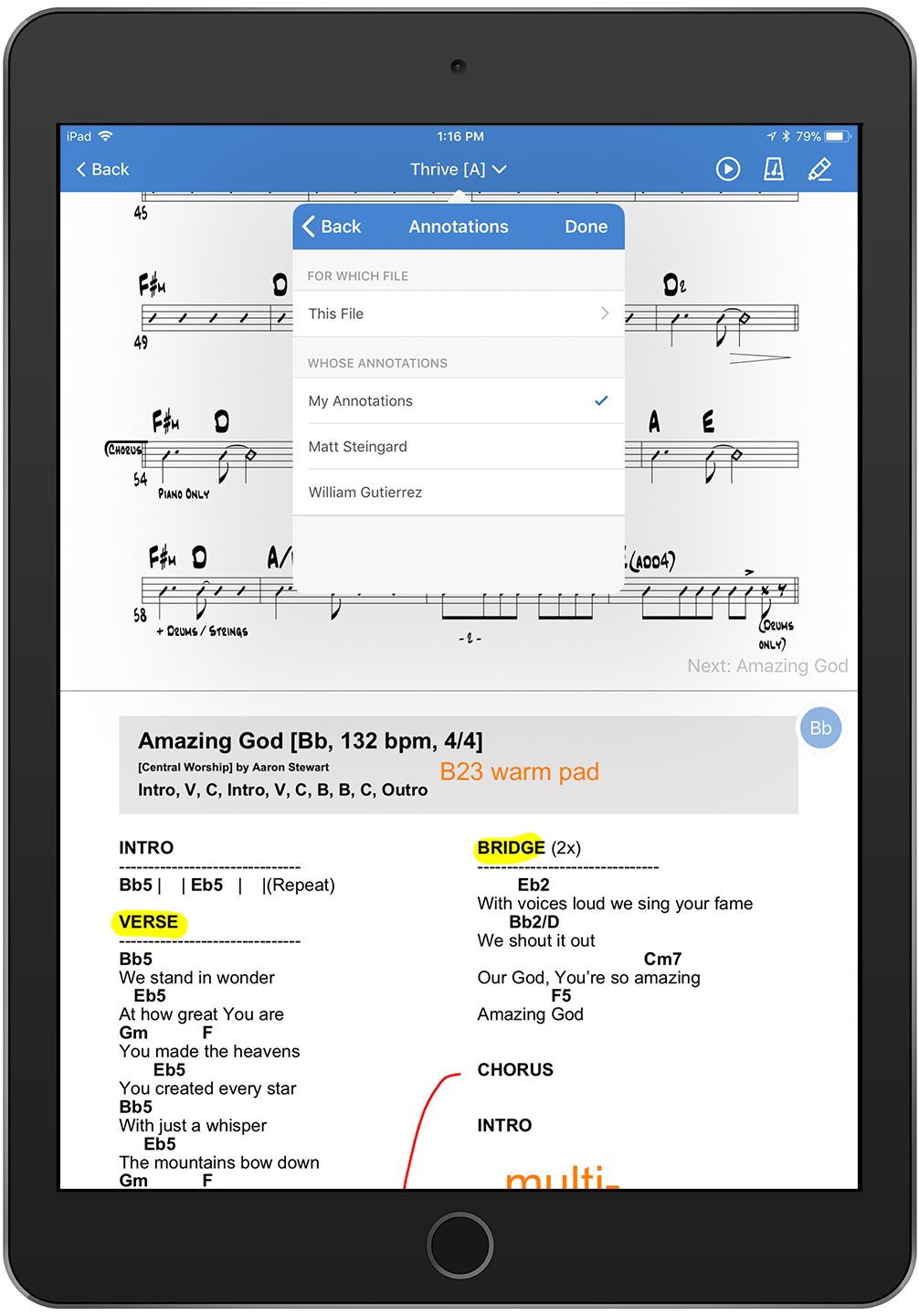 Scrolling view for chord chart and sheet music.