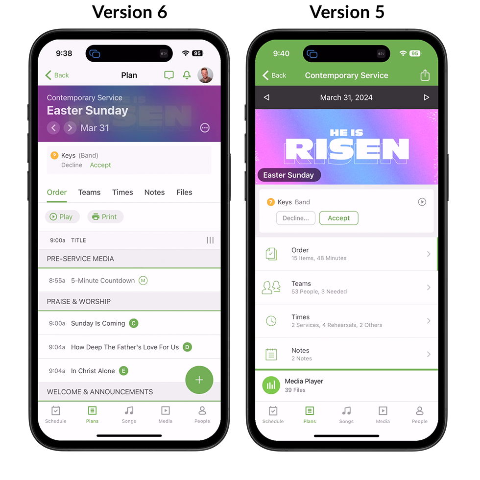 null Two mobile phones, one displaying the redesigned plans tab on the Service app and the other showing the old design.
