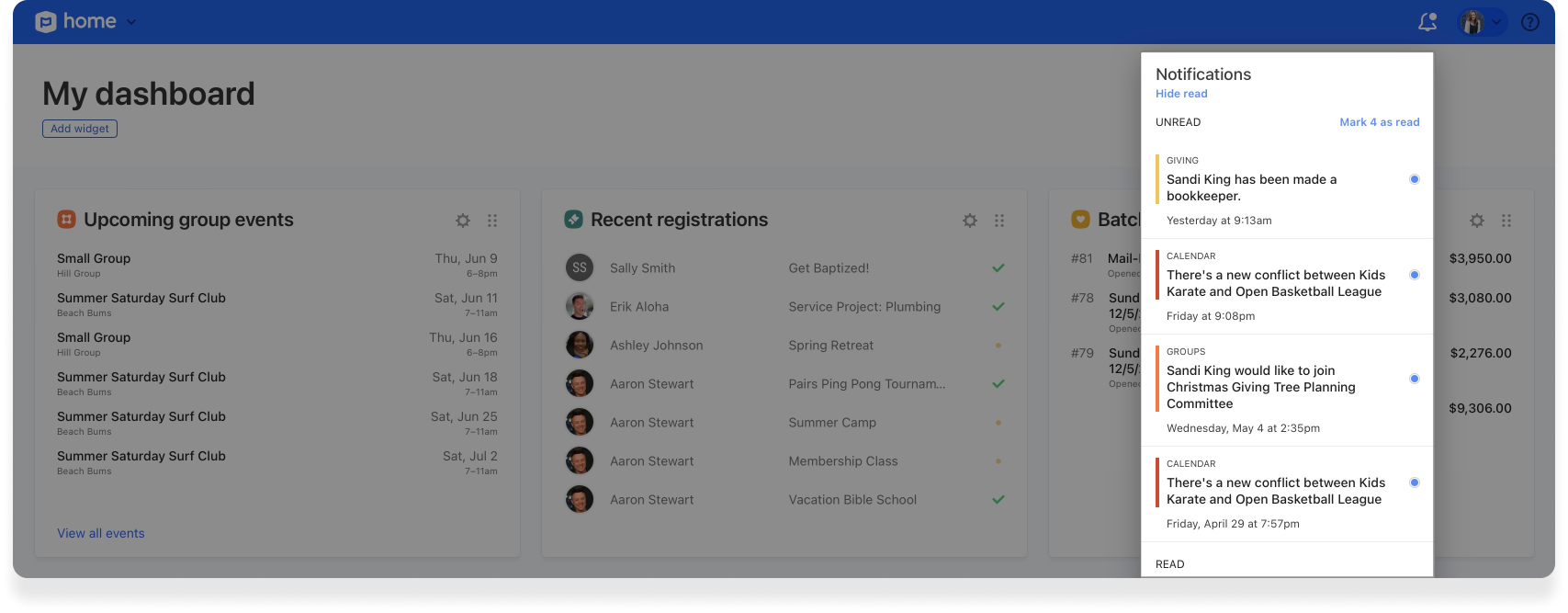 null The Planning Center home dashboard displaying the notification inbox drop-down on the right with unread notifications.