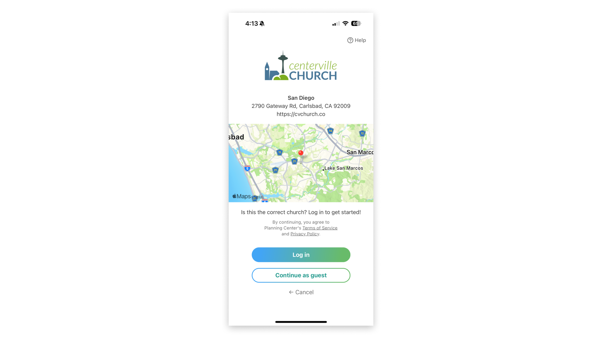 The login screen on Church Center with a white button that reads 
