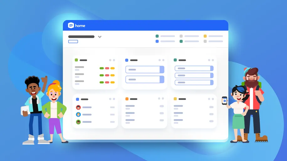 An illustration of four people with the Planning Cent Home dashboard in between them.