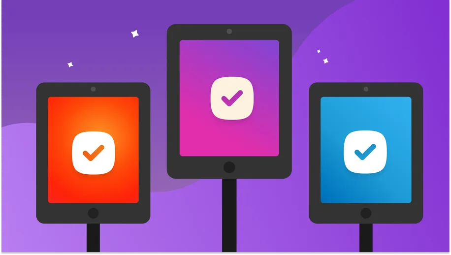 The iPads on stands being used as Check-Ins stations against a purple background.