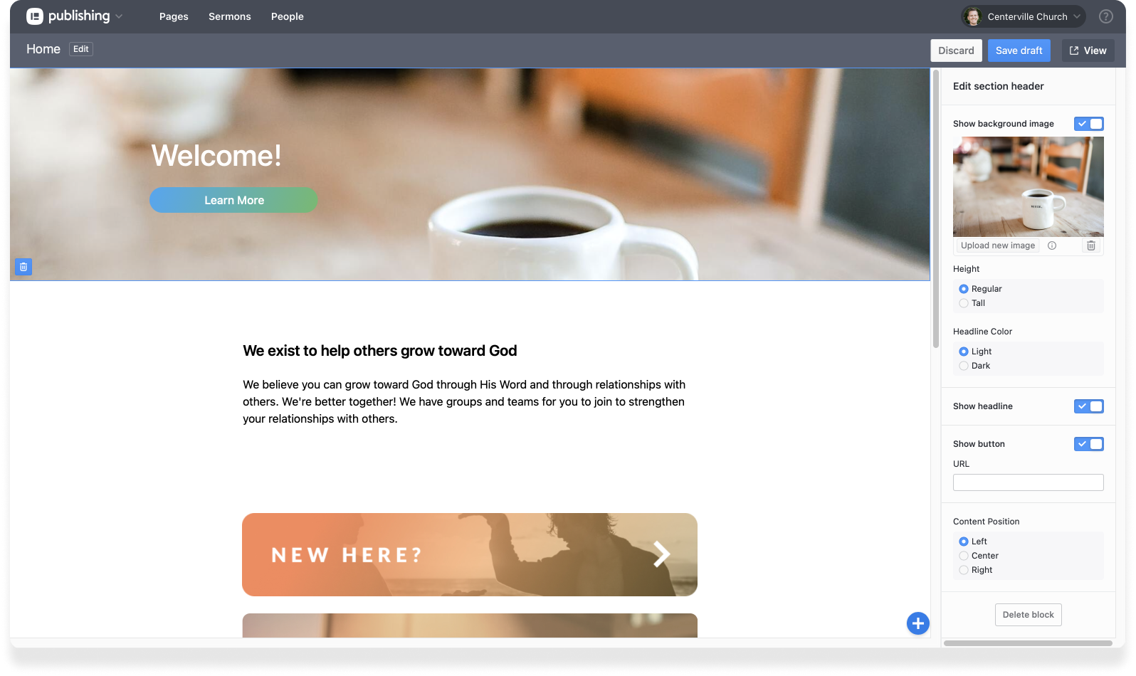 The Planning Center Publishing pages screen displaying a right sidebar to edit the section header.