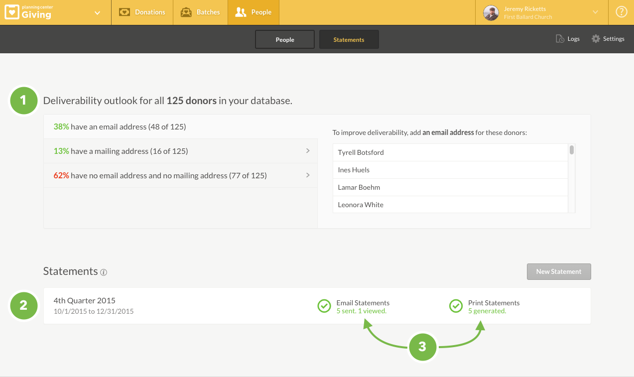 Statement Overview A report in Giving of the statement deliverability to donors and who has email or mailing addresses.
