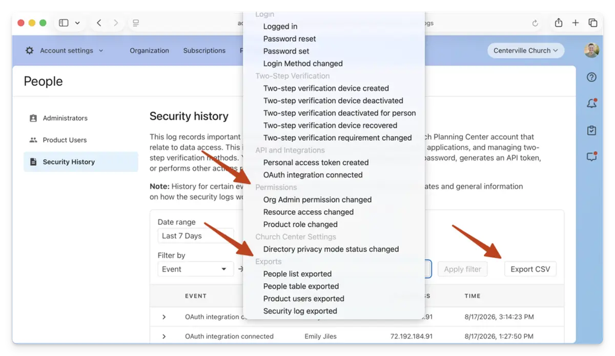 Security history page showing date range and event filter options, with a dropdown of security events and arrows pointing to "Export CSV" and "Apply filter" buttons.
