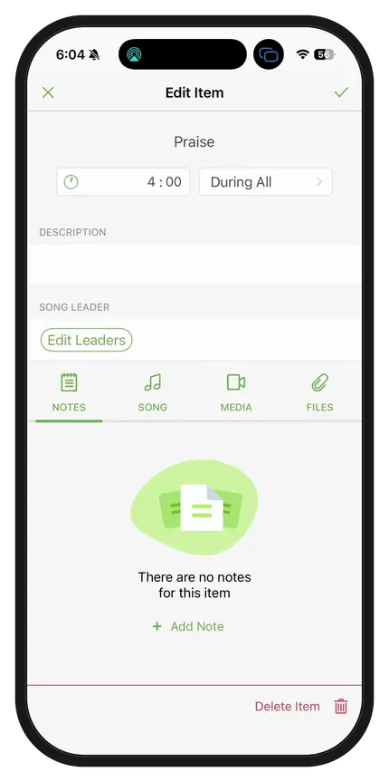 Smartphone screen showing an "Edit Item" page for "Praise," with options to add notes, song, media, files, and edit leaders.