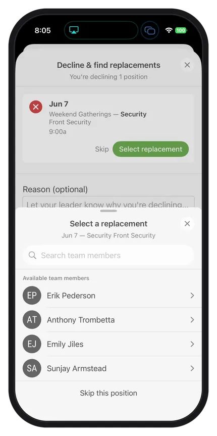 Phone screen displaying a replacement selection for a security role on June 7. Options include Erik, Anthony, Emily, and Sunjay.