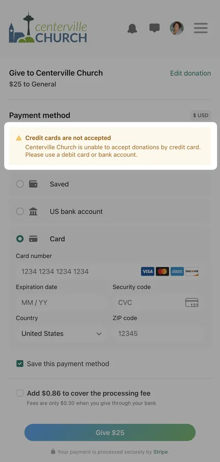 Donation page for Centerville Church, showing options for payment methods. Notice states credit cards are not accepted; use debit card or bank account.