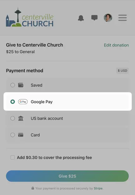 Payment options screen for Centerville Church donation, highlighting Google Pay selected as the payment method for a $25 donation.