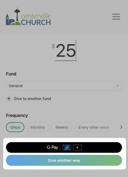 Online donation form for Centerville Church, showing a $25 donation to the General fund with options for frequency and payment methods.