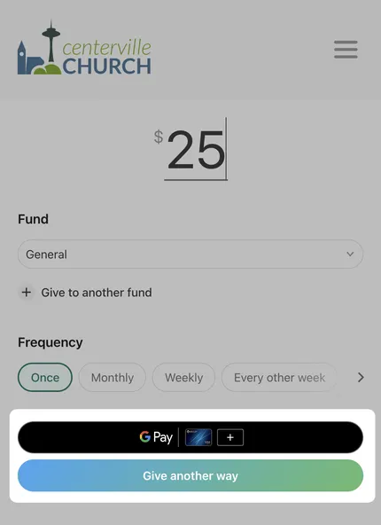 Online donation form for Centerville Church, showing a $25 donation to the General fund with options for frequency and payment methods.