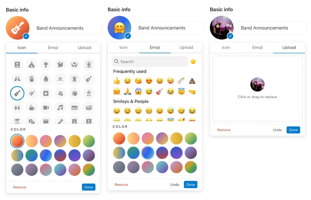 Three panels show "Band Announcements" interface with icon, emoji, and upload options, and customizable color circles.