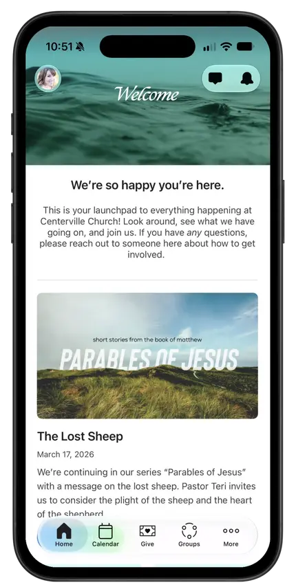 A church app interface with a welcome message, event description for "The Lost Sheep," and navigation icons for Home, Calendar, Give, Groups, and More.