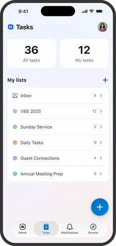 Smartphone screen showing a task management app with 36 tasks total, 12 personal. Lists include Inbox, VBS 2025, and more.